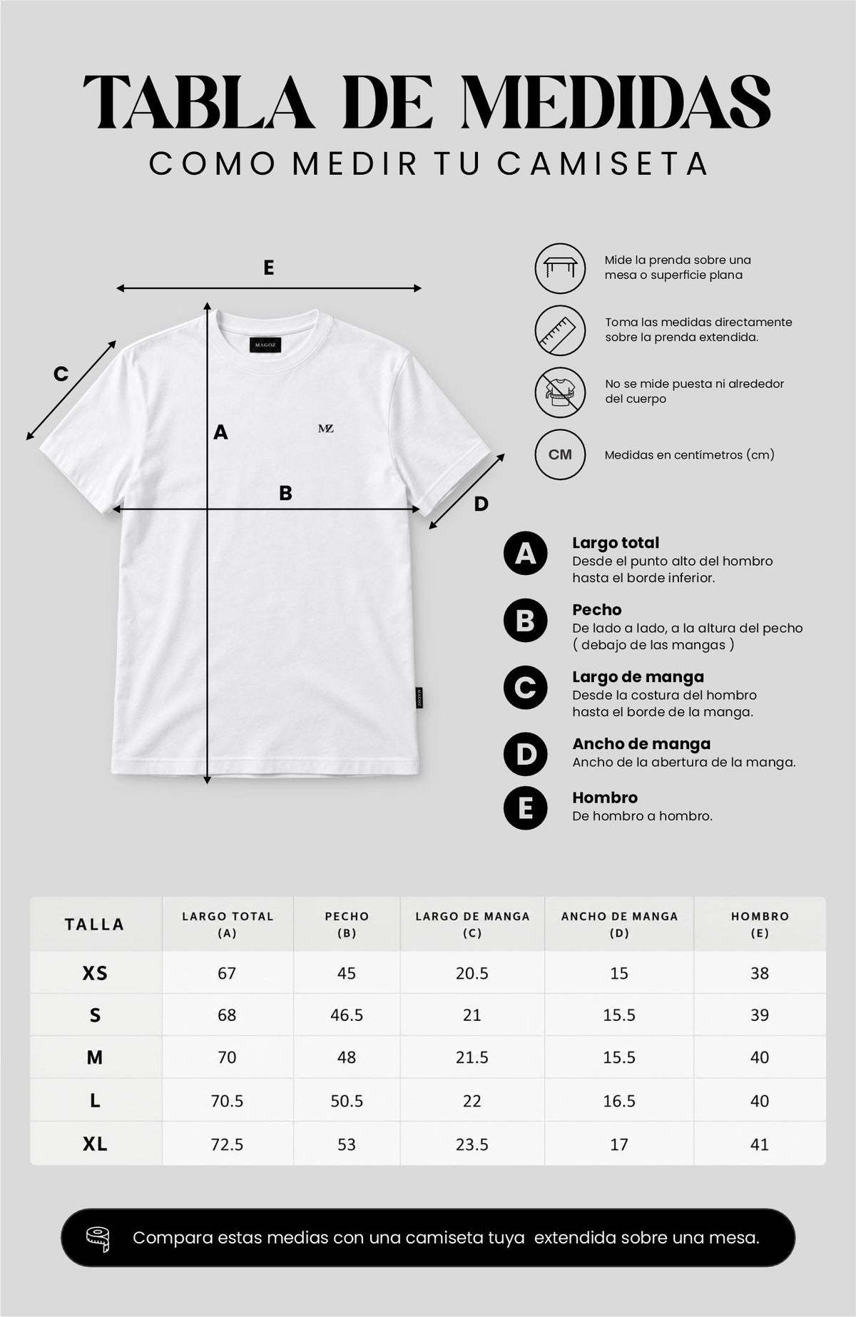 Guía de tallas y medidas de la camiseta Magoz Esencial para hombre